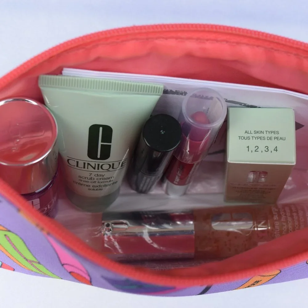Clinique Beauty Set-Purple Pouch,Scrub,Concentrate,Lip,Mascara & Remover-7pc-NEW